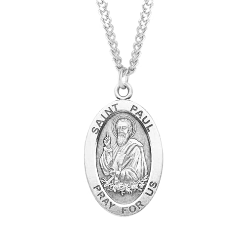 Men's .925 Sterling Silver Saint St. Paul Medal Pendant Necklace in 24 Inch Endless Rhodium Plated Stainless Steel Chain, Catholic Medal - Patron Saint. of musicians, priests, and tent makers, Deluxe Velvet Gift Box - Made in USA
