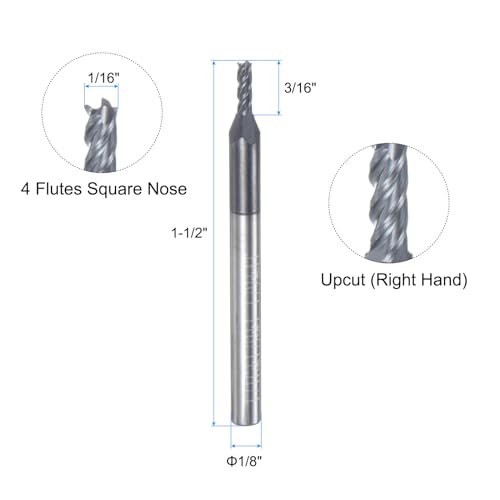 Image of uxcell Carbide Square End Mill, 1 /16 inch Diameter TiAlN Coated 4 Flutes Milling Bit Cutter, for Hardened Steel Stainless Steel Alloy Metal, 1 /8 inch Shank 3 /16 inch Cut Length 1-1 /2 inch Long HRC55