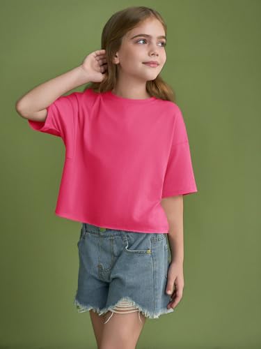 Image of Girls Athletic Oversized Crop Tops Kids Drop Shoulder Short Sleeve T Shirts Workout Tees 5-14 Years