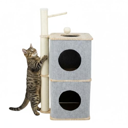 Image of Nara Cat Tower with Scratching Post - Dual-Level Cat House Condo with Felt Hideouts, Sisal Scratch Pole & Hanging Toy - Minimalist Cat Tree for Indoor Cats