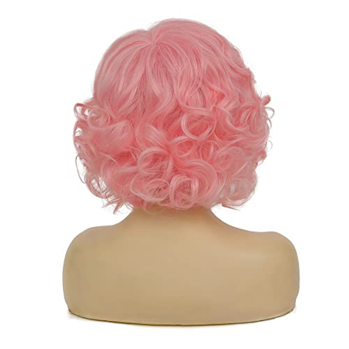 Baruisi Short Curly Pink Wigs for Women Synthetic Natural Wavy Costume Cosplay Party Wig,Pink - Image 4