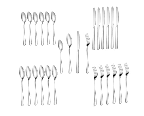 Silver Spoon Set Premium Stainless Steel Flatware Set Mirror Polished Cutlery Utensil Set Durable Home Kitchen Eating Tableware Set,Include Fork Knife Spoon Set (Silver Spoon 28)