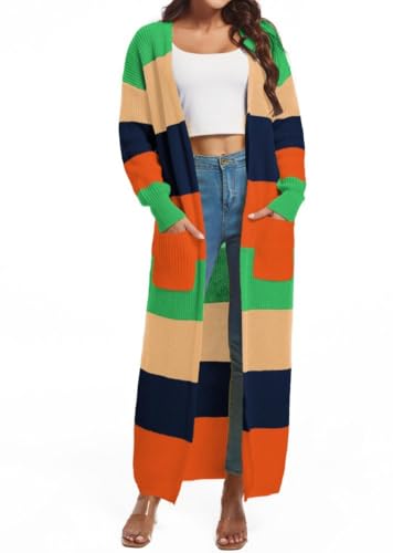 Nimsruc Long Cardigan Sweaters for Women Patchwork Open Front Knit Sweater