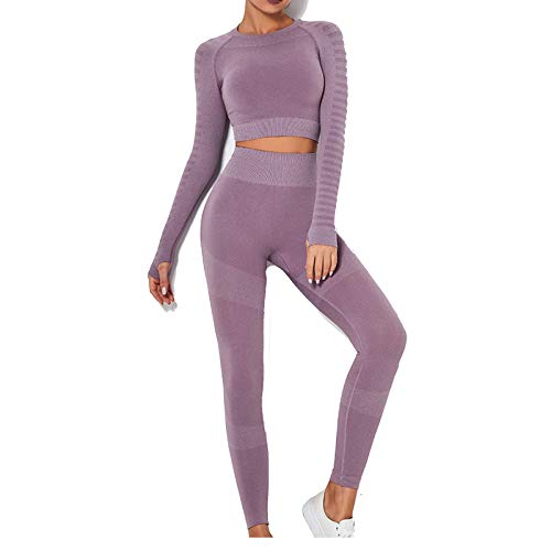 Women's Workout Outfit 2 Pieces Seamless High Waist Yoga Leggings with Long Sleeve Crop Top Gym Clothes Set Cover