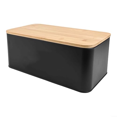 Panera con acabado mate y tapa extraíble con aspecto de madera, almacenamiento de pan de metal de 13 x 7.3 x 5.4 pulgadas para encimera, incluye diseño ventilado y función de servir (negro)