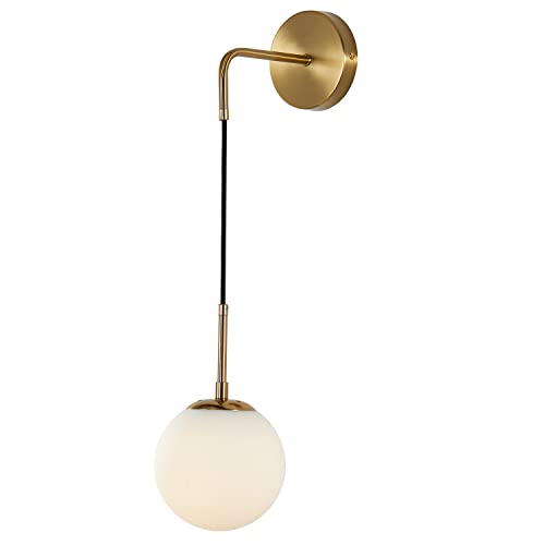 Image of BOKT Frosted White Glass Wall Sconce Mid Century Modern Globe Ball Wall Light Brushed Brass Gold Adjustable Wall Sconce Lighting Industrial Vanity Bathroom Wall Lamp (Gold+White)