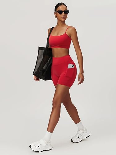 OMKAGI 2 Piece Workout Sets for Women Open Back Padded Sports Bras Booty Shorts with Pockets Gym Outfits2