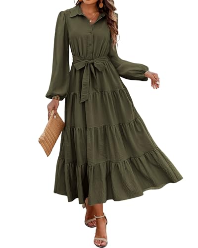 dowerme Women's Long Sleeve Dress 2025 Button Down Belted A-Line Flowy Fall Outfits Ruffle Maxi Holiday Party Dresses