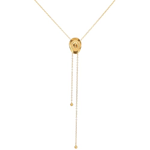 Gold Western Cowgirl Hat Necklace, Cowboy Accessories Vintage Bolo Tie Necktie Long Pendant Necklace Statement Trendy Jewelry Gift for Women Country Concert