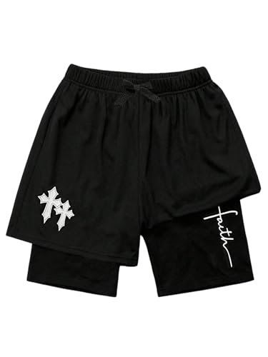 SHENHE Boy's 2 in 1 Shorts Y2K Cross Print Drawstring Workout Running Basketball Shorts with Compression Liner
