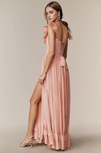 Tianzhihe Women‘s Ruffle Chiffon Bridesmaid Dresses with Slit Pleated A Line Formal Party Gowns for Women2