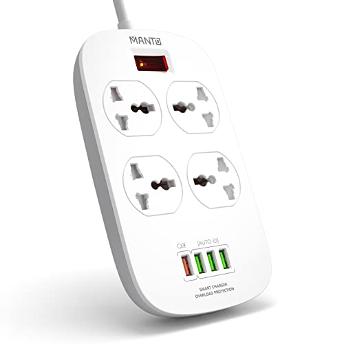 MANTO Regleta con 4 Enchufes Universales (US/UK/EU) y 4 Puertos USB (QC 3.0 Carga Rápida), 2500W, Cable de 2M, Protección Infantil - Ideal para Hogar, Oficina y Viajes...y