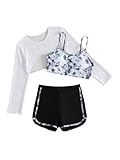 Verdusa Girl's 3 Piece Tie Dye Bathing Suit Swimsuits Bikini and Shorts with Cover Up Black and White 12-13Y