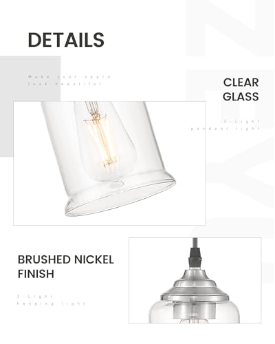 Image of zeyu 3-Light Pendant Lighting, Adjustable Modern Cluster Pendant Light for Kitchen Island, Brushed Nickel Finish with Clear Glass Shade, ZSL104-3 BN