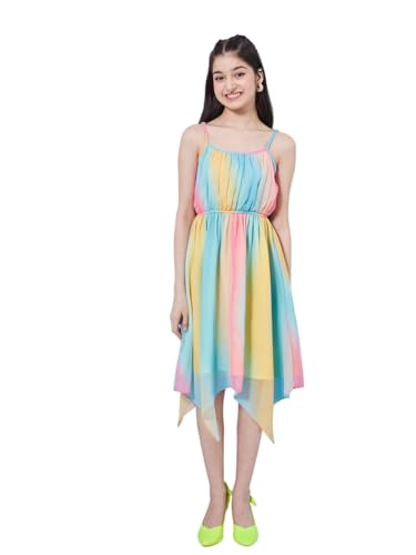 Image of Pspeaches Girl's Striped Shoulder Strap Crepe Fit Flare Midi Dress Stylish Casual Wear