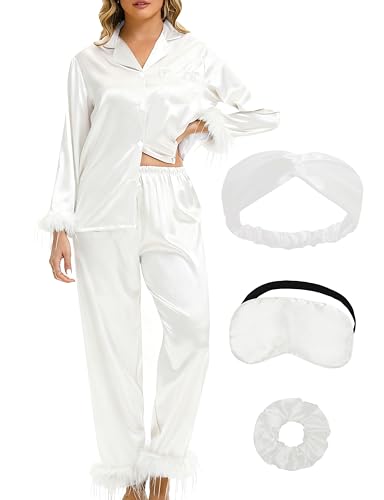 EPLAZA 2 Pcs Silk Pajamas for Women Satin Pajama Set Feather Trim Long Sleeve Button-Down Pj Set Lounge Sleepwear with Pocket (White, L)