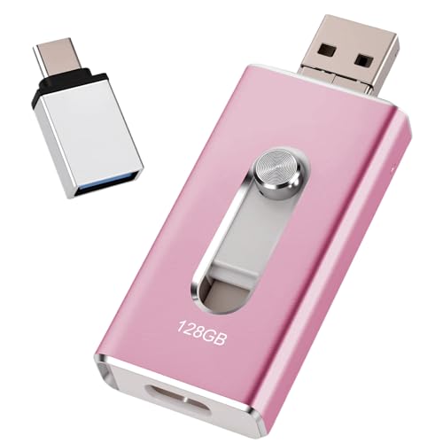 USB Stick 128GB für iPhone, MFi-zertifizierter 4-in-1 Speicherstick für iPhone/iPad/Android/PC,Flash-Laufwerk mit USB 3.0, Micro-USB, USB-C, Schnelle Datenübertragung, Backup für Fotos & Videos, Rosa