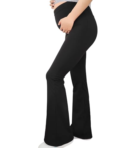 Alled Premamá Pantalones,Cintura Alta Acampanados Pantalones de Yoga para Embarazo, Negocios Casuales, Leggings de Maternidad sobre el Vientre Mujer (L, Negro)