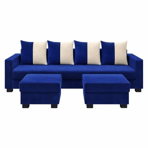 Image of SOCOZI Braviza 6 Seater L Shape Sofa Set with 2 Movable Ottomans | Flexible Layout | Soft Velvet Suede Fabric | Modern Design | Plush Comfort Cushions for Living Room (Dark Blue-Cream)