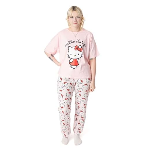 Hello Kitty Conjunto de pijama feminino | blusa de manga curta e calça de pijama com estampa branca gatinho adulto em rosa feminino, Rosa, G
