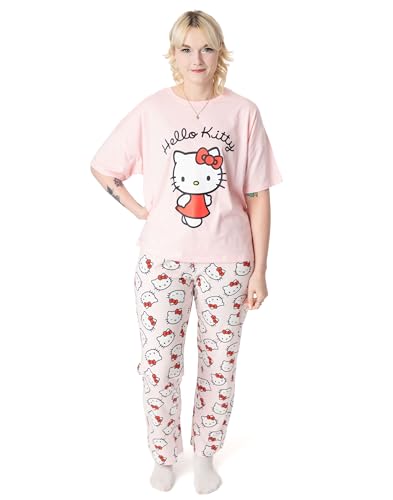Hello Kitty Womens Pyjama Set | Adults Kitty White Graphic Short Sleeve Top & Long Leg PJ Bottoms in Pink