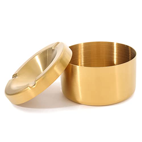 Windproof golden Cool Ashtray with Lid for Cigarettes Outdoor FriyGardcn Cute Portable Stainless Steel Ashtray for Home,Patio,Office,Outdoors,Indoor,Partie