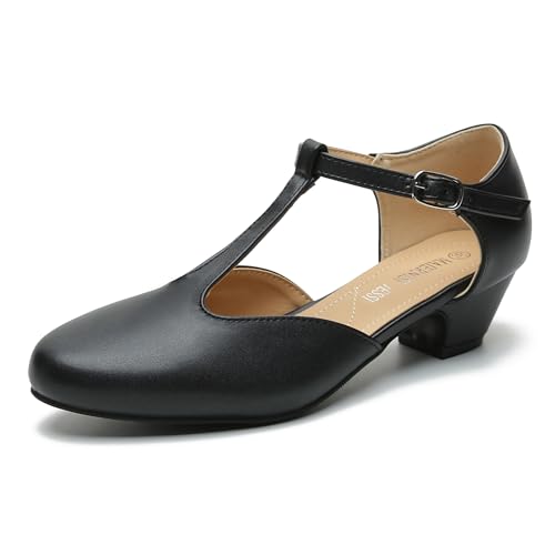 Image of MAIERNISI JESSI Women's T-Strap Mary Jane Pumps, Low Block Heel, Closed Toe, Buckle Ankle Strap