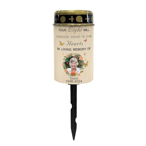 Image of Personalized Photo Solar Grave Lights for Cemetery Solar Power Outdoor Flameless Candle Waterproof LED Candles Lantern Gravesite Decorations Memorial Solar Lights