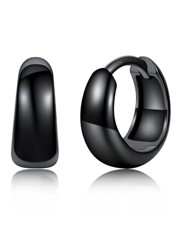 Silvora Black Huggie Hoop Earrings for Women Tiny Chunky Hoops with 925 Sterling Silver Post Lightweight Black Earrings 8mm