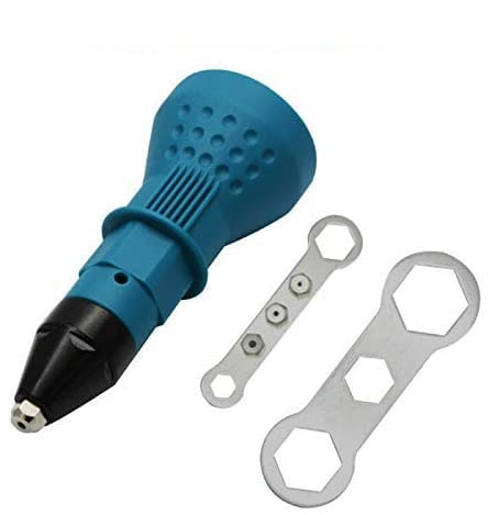 Riloer Pistola remachadora para taladro eléctrico inalámbrico - Pistola remachadora eléctrica, adaptador de taladro de herramienta remachadora inalámbrica, con 2 llaves + 4 boquillas, azul