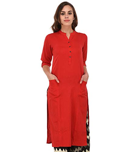 Image of Pistaa's Women's Cotton Relaxed Fit Straight Solid Kurta With Two Patch Pockets