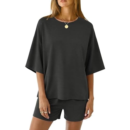 LOMON Two Piece Sets for Women Summer 3/4 Sleeve Tops and Elastic Waist Shorts Pajamas Cute Comfy Soft Lounge Striped Pjs Black Medium