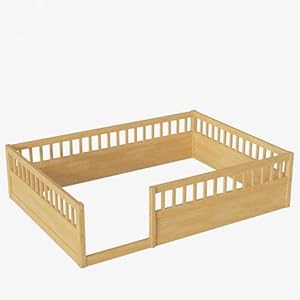 DNYN Full Size Floor Bed for Kids Bedroom,Solid Wood Bedframe w/Fence & Easy Assemble & Space Saving Design & No Box Spring Needed, Natural DNYN Full Size Floor Bed for Kids BedroomSolid Wood Bedframe wFence Easy Assemble Space Saving Design No Box Spring Needed Natural