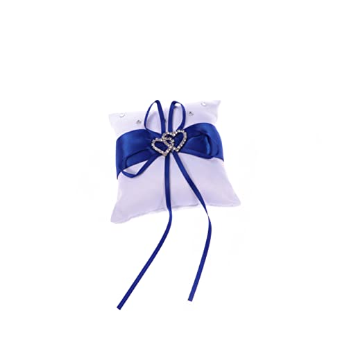 PRETYZOOM Coussin pour Alliances De Mariage avec Ribbons Satinés Et Boucle Cœurs Doubles Accessoire Cérémonie De Mariage Bleu