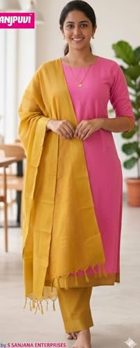 Image of SANJ Mangalagiri Cotton Unstitched Dress Material for Womens dress Unstitched Traditional salwar suit | TOP | Bottom | Duppatta