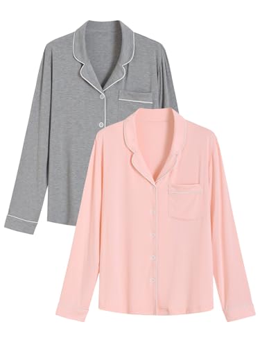 Latuza Women's 2 Pack Viscose Pajama Top Long Sleeve Button Down Shirt