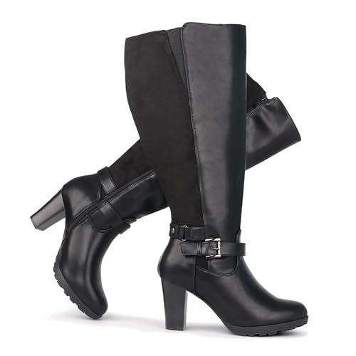 Women's Plus Size Extra Wide Calf High Heel Dress Boots with Ankle Buckle