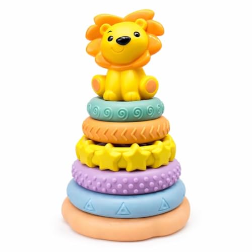 Image of Baby Sensory Toys - Ring Stacker with Animal Topper and 6 Soft Textured Rings for Teething, Stacking & Motor Skill Development, BPA-Free PVC, Multi-Colour, Gift for Babies 3-18 Months