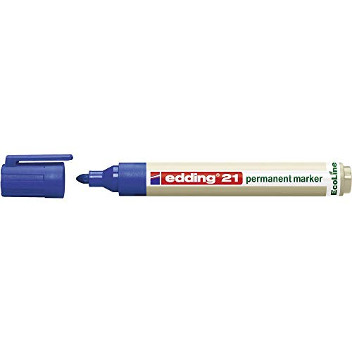 Image of edding 21 Ecoline permanent marker - blue - 1 pen - round tip 1.5-3 mm - waterproof, quick-drying, smear-proof pens - for cardboard, plastic, glass, wood, metal and fabric - refillable