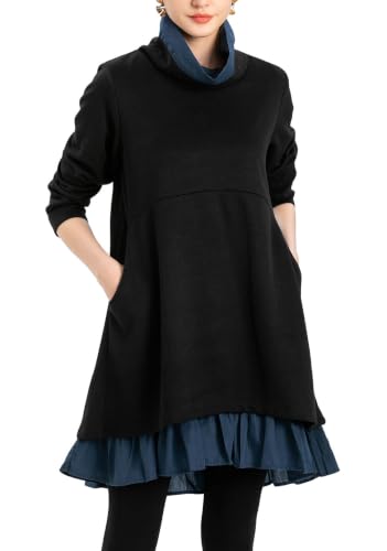 Minibee Women's Oversized Sweatshirt Dress Turtleneck Long Sleeve Tunic Tops Swing Dresses with Pockets Black XXL