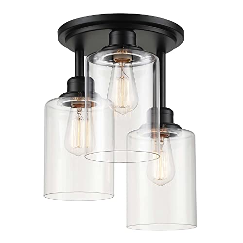 Globe Electric 65456 3-Light Flush Mount Ceiling Light, Matte Black, Clear Glass Shades, Ceiling Light Fixture, Light Fixtures Ceiling Mount, E26 Socket, Bedroom Lights For Ceiling, Flush Mount Light #TOP6