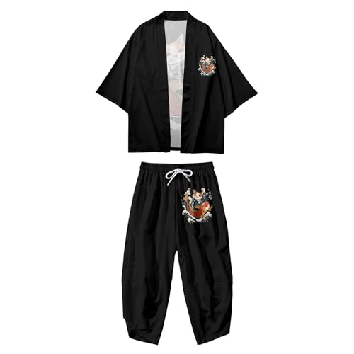 Image of DOSLAVIDA Men's Japanese Kimono Cardigan Suit Chinese Style Printed Jacket Pants Set Open Front Seven Sleeve Top & Shorts