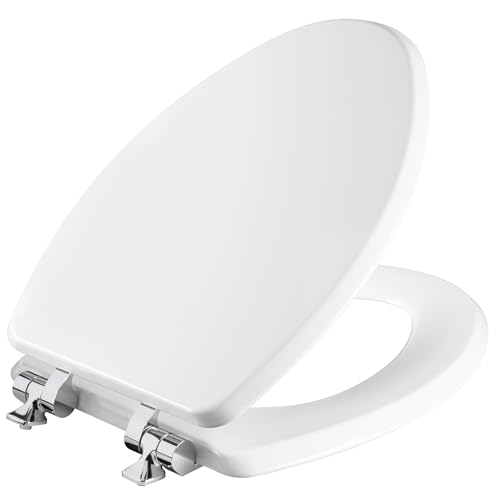 Mayfair Bennett Toilet Seat with Chrome Hinges, Slow Close Wood Seat, Secure Metal Hinges, Easy Install, Made in USA, Elongated, White