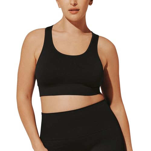 ThirdLove Seamless Racerback Flex Sports Bra, Wireless Workout Top for Women, Pullover Yoga Bras for Fitness, Gym, or Lounge, Compression Bra with Removable Cups, Medium Impact Black - Large