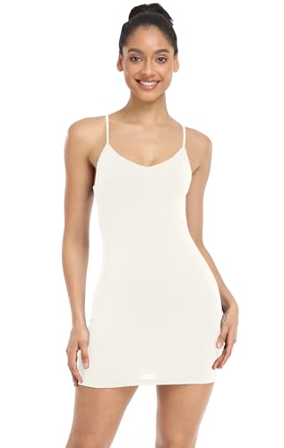 Image of Qaffier Full Slips Dress for Women Adjustable Spaghetti Strap V Neck Under Dress Camisole Mini Slip Dress