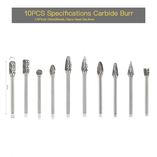 Image of HIDOTOL Carbide Burr Set 10PC 1 /8 inch Shank Tungsten Double Cut Carbide Rotary Burr Set for Metal and Wood Carving, Grinding, Polishing, Engraving, Drilling.