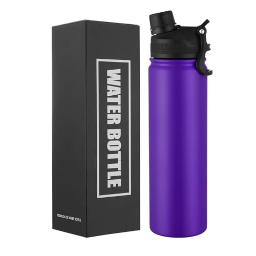 Insulated Water Bottle 24oz Stainless Steel Double Wall Vacuum Sports Flask with 2-in-1 Straw & Chug Lid BPA-Free Leak Proof Keeps Cold 24H for Travel Gym School