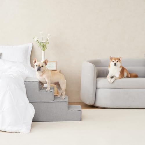 Image of EHEYCIGA Dog Stairs for Bed 20 inch H, 4-Step Extra Wide Dog Steps for High Bed, Pet Steps for Small Dogs and Cats, Non-Slip Balanced Pet Ramp Indoor, Light Grey