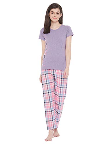 Image of Clovia Women's Cotton Checks Printed Pyjama and Basic Top Set