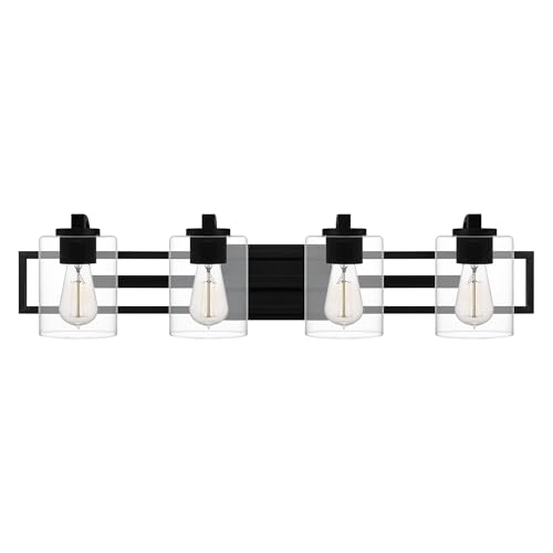 Image of Quoizel Lansdowne Modern Bath Vanity Lights, 32 Inch 4-Light Matte Black Lighting Fixtures Over Mirror, Clear Glass Shade, 100W, Decorative Wall Light for Bathroom, Dresser, Kitchen or Hallway